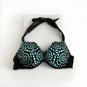 Shade & Shore Push Up Halter Black CUTOUTS Teal Bikini Top Shell 34B